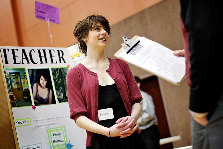 &lt;p&gt;Emily Roman is interviewed by Mike Mires, dean of Professional, Technical &amp; Workforce Education at North Idaho College, during the reverse job fair held Wednesday in Post Falls. More than 300 students from Post Falls and Lakeland high schools attended the event where they presented their career aspirations to area professionals to gain insight on the job market and interview techniques.&lt;/p&gt;