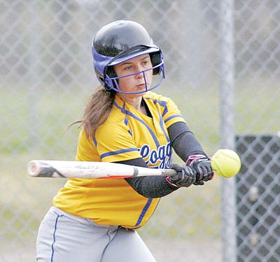 <p>Madisen Monigold with a base hit bottom of first inning vs. Eureka. Lady Loggers prevail 13-2 in five innings, 4-11-15.</p>
