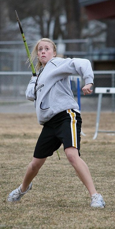 Photo by Nick Ianniello Superior Lady Bobcat sophomore Caitlin Bailey works on her javelin throw at practice Wednesday. Mineral County track teams have been getting ready for their first meet the Alberton Invitational April 3 in Missoula.