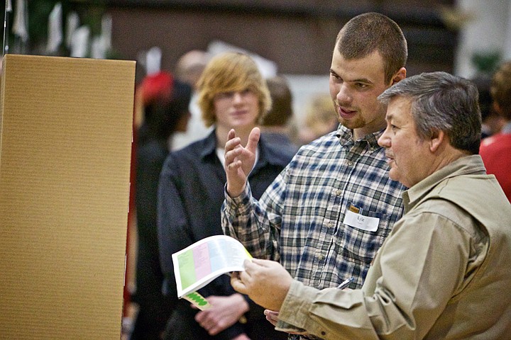 &lt;p&gt;JEROME A. POLLOS/Press Kyle Rusho, left, explains his experience with construction and carpentry during his interview with Craig Mooney, director of plant ops Northern Idaho Advanced Care Hospital, at the reverse job fair held Wednesday in Post Falls. High school seniors attended the event where they presented their career aspirations to area professionals to gain insight on the job market and interview techniques.&lt;/p&gt;