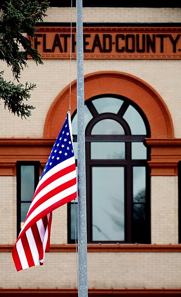 <p>The flag on the front lawn of the historic Courthouse flies at half-staff on Monday as a sign of mourning following the announcement that former Flathead County sheriff and current county commissioner Jim Dupont had died of an apparent heart attack. Dupont was 65.</p>