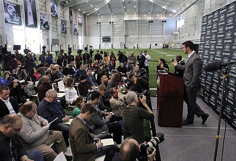 &lt;p&gt;Tim Tebow holds his first news conference with the New York Jets, in Florham Park, N.J., Monday, March 26, 2012. Tebow, who led the Denver Broncos to the playoffs last year, was acquired in a trade Wednesday with Denver and will serve as the backup quarterback to Mark Sanchez. (AP Photo/Mel Evans)&lt;/p&gt;