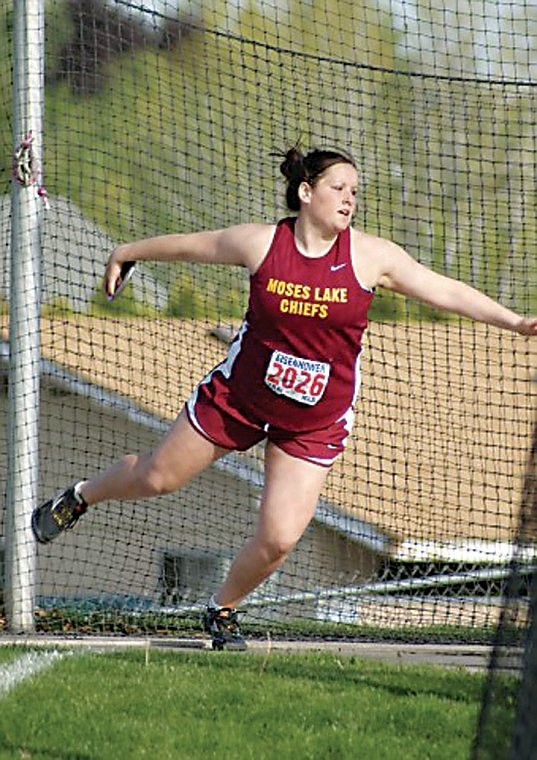 Sadie Nielsen set a personal and Moses Lake High School recored in the discus with a throw of 130' 2" at the Ray Cross Invite in Ephrata Saturday