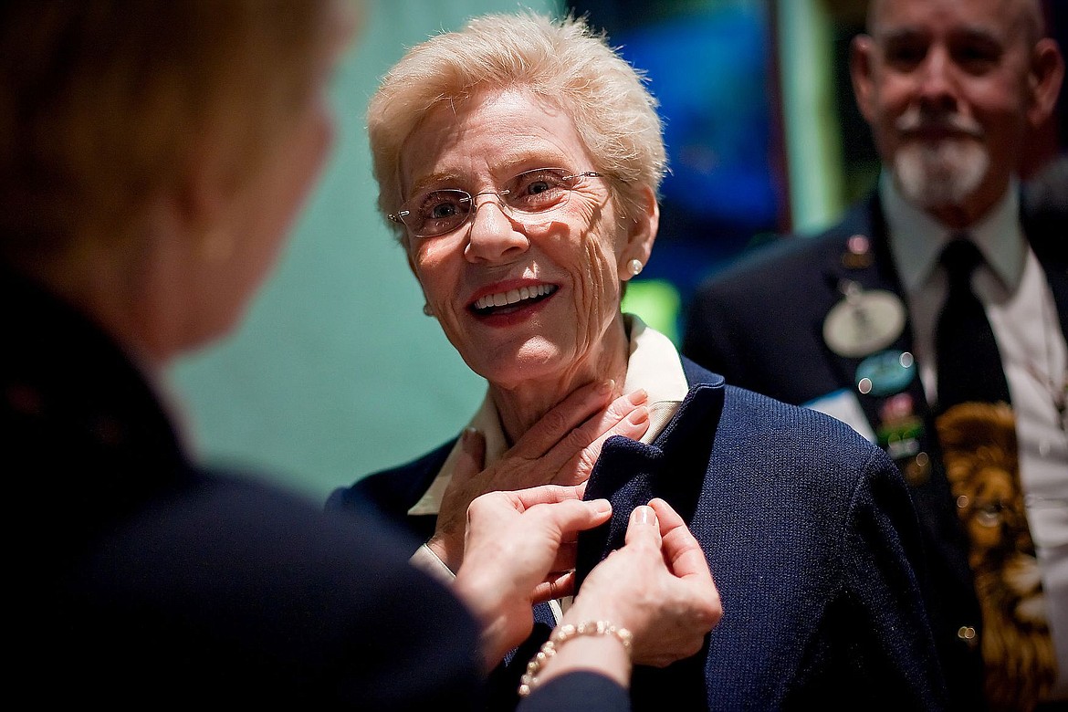 &lt;p&gt;Patty Duke receives a pin from Pamela Beyer, a district governor for Lions Clubs International, during a ceremony Monday in Coeur d'Alene honoring the actress for her service and contributions to the volunteer service organization.&lt;/p&gt;