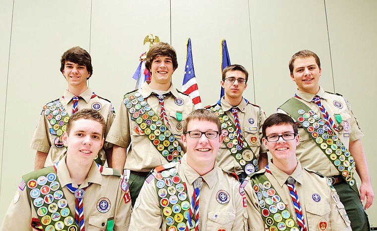 <p>(back row, left to right) Bradley Jones, Nic Cramer, Kyle Direito, Sean Hartford, (front row, left to right) Hayden Jeschke, Mitch Byrnes and Brandon Meadors were presented Eagle awards Thursday evening at Edgerton Elementary School.. Thursday, March 28, 2013 in Kalispell, Montana. (Patrick Cote/Daily Inter Lake)</p>