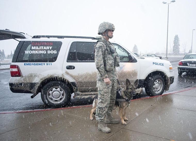 &lt;p&gt;Sr. Airman Jessica Woodall and German shepherd dog Gina prepare to search Columbia Falls Junior High School for explosives Thursday evening. (Chris Peterson/Hungry Horse News)&lt;/p&gt;