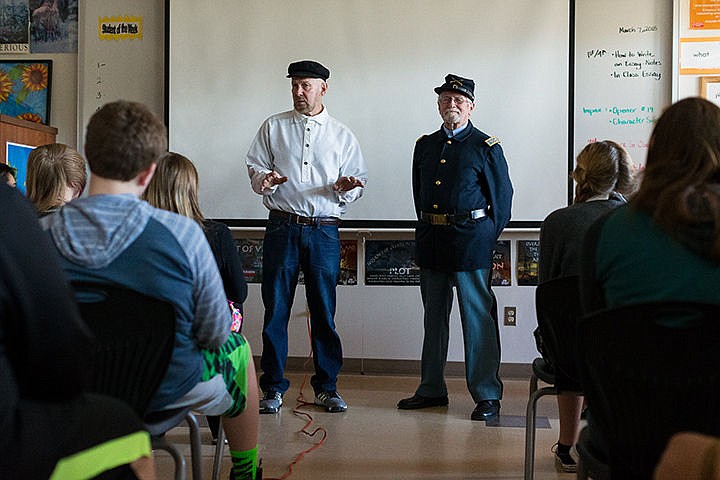 &lt;p&gt;Coeur d&#146;Alene School District board of trustees vice-chair Dave Eubanks, dressed as Capt. Peter C. Sorensen, who built the first steamboat used on Lake Coeur d&#146;Alene, left, introduces local historian Robert Singletary, representing Civil War Col. William P. Carlin, prior to a presentation to eight-grade social studies students at Lakes Magnet School on Monday. The program, Idaho History Week, included the pair traveling to area schools to present information and slide shows on the early history of Coeur d&#146;Alene.&lt;/p&gt;