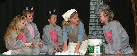 Photos by Nick Ianniello Cinderella (Patience Jones) talks with her four mice (from left), Anna Sanford, Connor Dunlap, Brandon Managhan and Tiffany Jones during the St. Regis Drama Club&#146;s presentation of Cinderella Wednesday. This is the club&#146;s third annual presentation. Director Chris West, the school&#146;s science teacher, said they started practicing at the beginning on February.