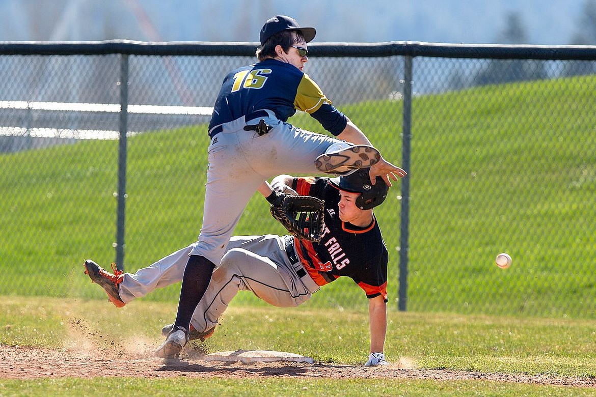 &lt;p&gt;Post Falls junior Sam Schulze collides with Timberlake first baseman Dustin Smith (16) as Schulze attempts to make it to first base on an infield ground ball on Friday at Post Falls High School. Smith dropped the ball during the play.&lt;/p&gt;