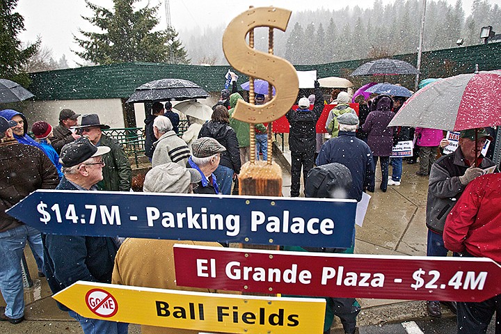 &lt;p&gt;JEROME A. POLLOS/Press A sign listing the costs of some of the McEuen Park project's amenities was displayed in front of city hall during the rally.&lt;/p&gt;