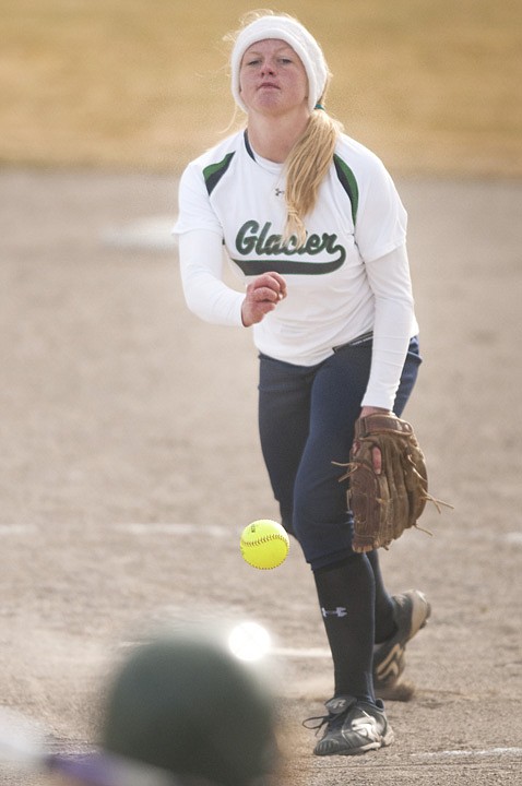 <p>Glacier Wolfpack hurler Jena Willis delivers a pitch during the first inning of Thursday’s nonconference softball outing with C.M. Russell at the Kidsports Complex.</p>