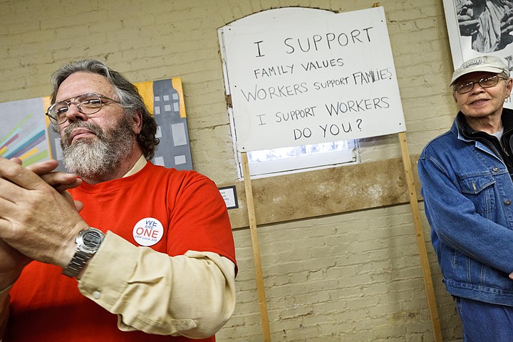 &lt;p&gt;Dale Broadsword, vice president of both the Northern Idaho Central Labor Council and United Steelworkers Local 338 unions, claps as Dick Degroot listens on during a rally Monday at the Human Rights Education Institute. More than 100 union members and supporters were in attendance to commemorate the anniversary of the assassination of Martin Luther King, Jr.&lt;/p&gt;