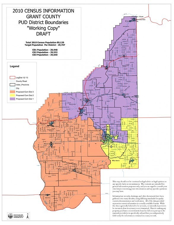 The proposed boundaries for Grant PUD's commissioner districts.