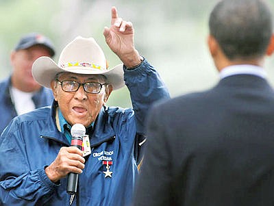 <p>FILE - In this Aug. 27, 2008 file photo, Native American Crow historian Joe Medicine Crow tells then-presidential-candidate Barack Obama to "take veterans to the top when you move into the White House," during a visit to Billings, Mont. Medicine Crow, the last surviving war chief for Montana's Crow Tribe, died Sunday, April 3, 2016 in a Billings hospice at age 102. Medicine Crow earned the title of war chief and a Bronze Star after stealing enemy horses and other exploits as a U.S. soldier in World War II. Obama awarded him the Presidential Medal of Freedom in 2009.(James Woodcock/Billings Gazette via AP, File)</p>