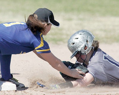 &lt;p&gt;Shortstop Madisen Monigold puts the tag on Andrea Mavrinac at second base top of first inning vs. Anaconda April 1, 2016. Lady Loggers fall 1-0.&lt;/p&gt;