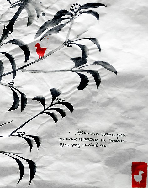 <p>Detail of a painting and haiku by Flathead junior Robyn Till at An Evening of Fine Arts at the Arts and Technology building at Flathead Valley Community College on Tuesday night, April 3, in Kalispell. The poem reads: After the storm goes, the world is holding its breath. Bird song carries on. According to art teacher Susan Supola, it is a Chinese tradition to write a poem when one finishes their painting.</p>