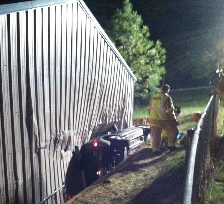 &lt;p&gt;A Post Falls police officer took this photo of a 2005 Chrysler PT Cruiser that became lodged on its side between a retaining wall and pole building at Greensferry Road and Ponderosa Boulevard during an accident early this morning. The driver, Windey S. Adams, 43, Post Falls, was cited for driving under the influence and failure to renew her vehicle registration and driver's license. She suffered minor hand and shoulder injuries and was treated at Kootenai Medical Center.&lt;/p&gt;