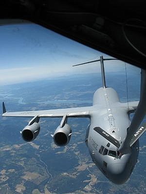 File photo<br> The McChord Air Force Base C-17 Globemaster III approaches the Fairchild Air Force Base KC-135 to practice air refueling over the Columbia Basin in 2007.