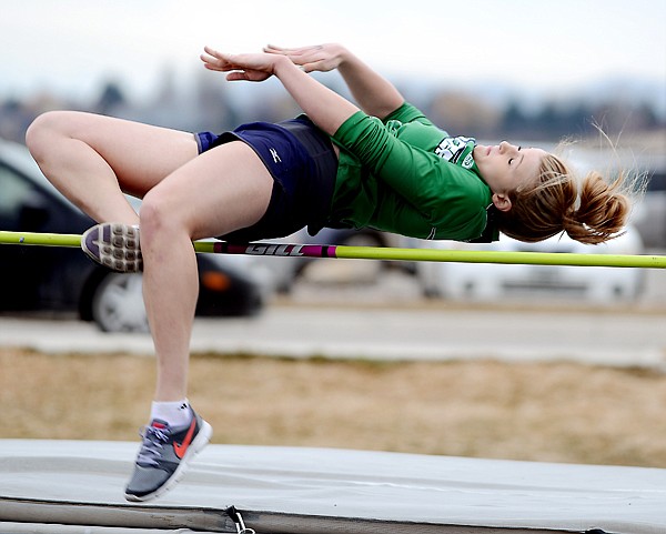 <p>Glacier sophomore Brielle Bumgarner clears 4 feet, 5 inches during the Glacier/Great Falls track meet on Thursday, April 4, in Kalispell. (Brenda Ahearn/Daily Inter Lake)</p>