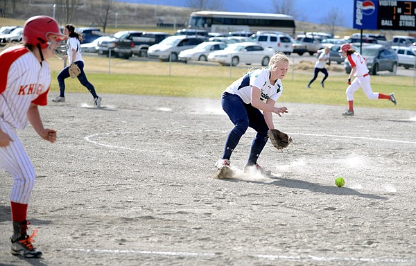 <p>Glacier senior Jena Willis, 11, fields the ball during the game against Hellgate on Tuesday, April 2, in Kalispell. (Brenda Ahearn/Daily Inter Lake)</p>