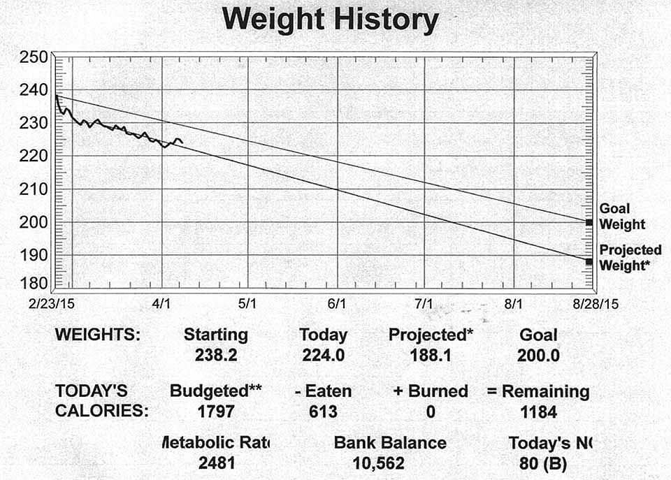 DietPower's weight history page shows the progress of an individual's weight loss progress. My weight today is 224, down from a beginning of 238.2.