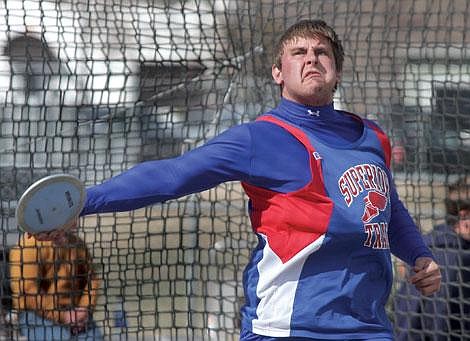 Photos by Aaric Bryan Superior Bobcat Westen Super grimaces as he launches the discus at the Drummond/Alberton Invitational track meet Thursday in Missoula. Super scratched on the throw.