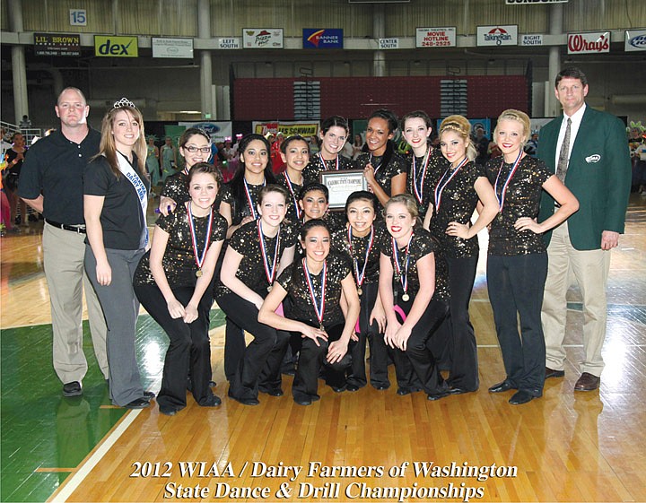 Members of the Royal High School Dance Team are all smiles as they receive the trophy for academic state champions at the state dance meet at the SunDome in Yakima. From left, the girls are: Back row: Patricia Lopez, Mariana Alvarez, Gabriela Sabalsa, Makynlee Miller, Renee Collins, Morgan Small, Bella Fernandez and Cambree Harris. Front row: Hannah Larson, Lanea Clouse, Cynthia Cid, Samantha Solis and Allie Janett. Front: Stefhany Guadarrama.