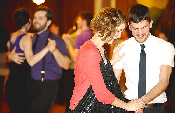 Brenda Ahearn/Daily Inter Lake
Pete Milne and Caitlin Hills doing Lolly Kicks as they dance a Balboa style swing dance at the Sassafras Ballroom in Kalispell on Friday, April 2.