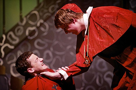 &lt;p&gt;Cardinal Richelieu, played by Gabe Single-Schwall, threatens Rochefort, played by Sam Balas, for failing to follow orders.&lt;/p&gt;