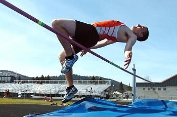 Flathead's Seth Donahue attempts to make it over the bar in the high jump at Legends Stadium on Friday afternoon. Nate Chute photo/Daily Inter Lake