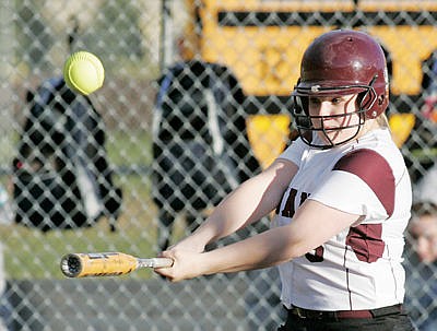 <p>Kylie Carr base hit on the 3-2 pitch bottom of fourth inning, first of a doubleheader vs. Bonners Ferry March 25, 2016.</p>