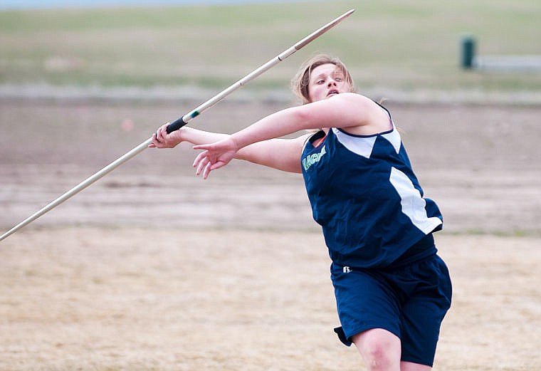 <p>Glacier junior Keyawna Larson competes in the javelin Friday afternoon during Glacier's track dual against Great Falls High at Glacier High School. April 11, 2014 in Kalispell, Montana. (Patrick Cote/Daily Inter Lake)</p>