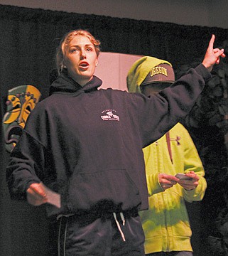 &lt;p&gt;Rachel Hoyt, who also played Lady Capulet, helps introduce the story plot for &quot;Yo...Romz -n- Jules: Eastside, Westside&quot; performed by the Charlo Drama Department at Charlo schools last Thursday.&lt;/p&gt;