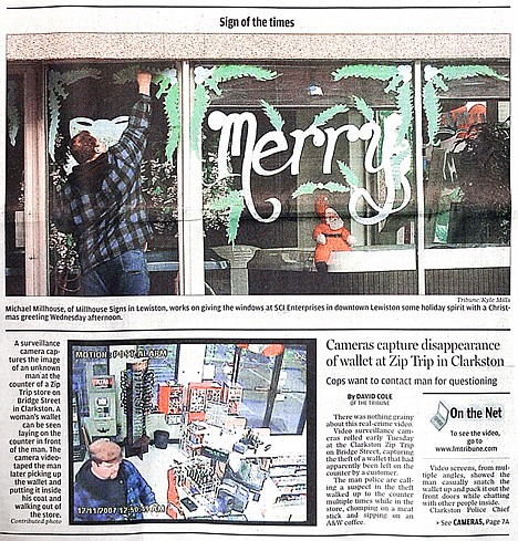 &lt;p&gt;The Dec. 13, 2007, front page of The Lewiston Tribune shows Michael Millhouse in two separate images - one of him painting a window and another from a surveillance video stealing a wallet.&lt;/p&gt;