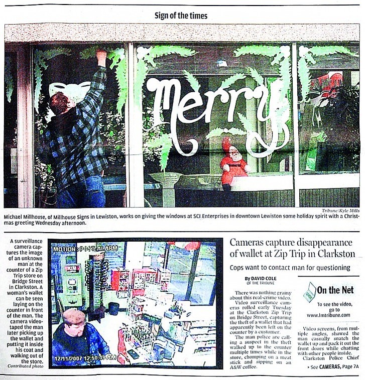 The Dec. 13 2007 front page of The Lewiston Tribune shows Michael Millhouse in two seperate images &Ntilde; one of him painting a window and another from a surveillance video stealing a wallet.