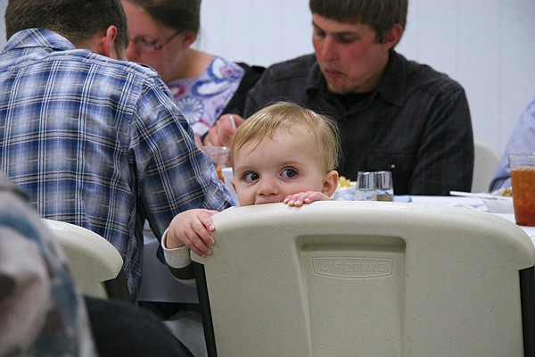 Chase Jordan, 14 months, enjoys the taste of a chair while other diners enjoy a delicious dinner of beef brisket, pulled pork, coleslaw, beans and pies at a Hope for Haiti benefit dinner last Friday night. Held at the Ronan Community Center and sponsored by the Mission Valley Mennonite Youth, the event draw approximately 230 people and raised $2600, according to Travis Jordan. All donated proceeds will be donated to Christian Disaster Relief, a group that is building and erecting tents in Haiti. All materials for the event were paid out of pocket, Jordan said, meaning all money raised will go to the project. A community member from St. Ignatius spoke at the event about his recent trip to Haiti, where he spent a week helping the displaced citizens of the devasted country.