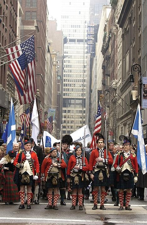 NEW YORK - APRIL 5: Pipers march up 6th avenue celebrating "Tartan Day" April 5, 2003 in New York City. Two thousand bagpipers marched up 6th Avenue to celebrate Tartan Day during the Dewars Tunes of Glory Parade. (Photo by Mark Mainz/Getty Images)