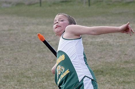 Photo by Aaric Bryan St. Regis seventh-grader Shad Hill loads up to throw the turbo javelin in Plains Friday.