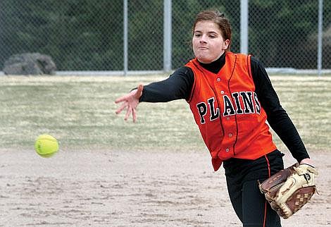 Photo by Adam Herrenbruck Trotter Gabby Reynolds pitches against the Lady Hawks Thursday in Thompson Falls. Plains fell to their county rival, 11-0, in five innings.