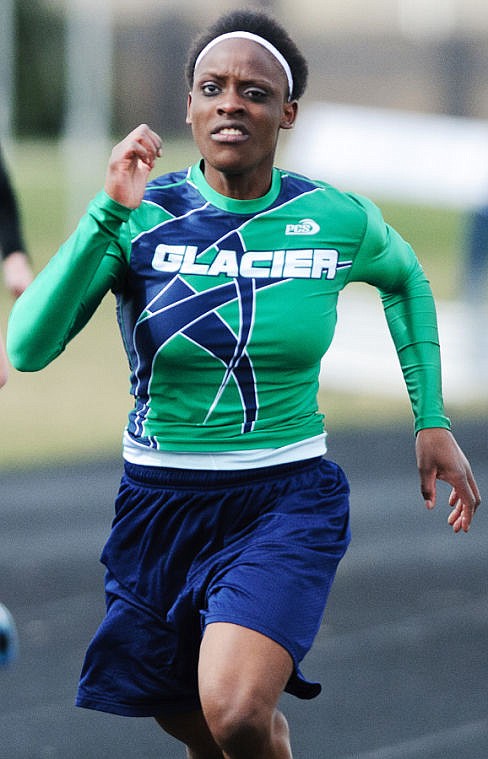 <p>Glacier junior Shauna Williams leads the way in 100-meter dash Tuesday afternoon in a track meet at Glacier High School. Williams’ winning time was 13.54.</p>
