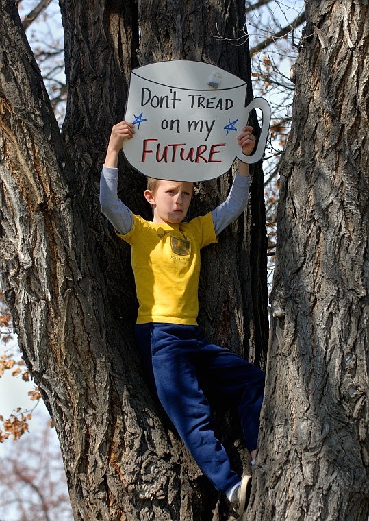 Tyler Schultz, 9, holds up a sign while standing in a tree in Depot Park during Thursday's Tax Day Tea Party rally in Kalispell.