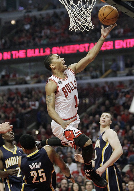 &lt;p&gt;Chicago's Derrick Rose drives to the basket during the first quarter Saturday at Chicago. The Bulls rallied past the Indiana Pacers 104-99 to take a 1-0 lead in their Eastern Conference quarterfinal series.&lt;/p&gt;