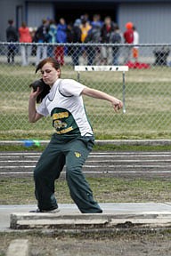 Arianna Jones throws the shot put last Thursday at the Blue Hawk Invitational track meet in Thompson Falls. Jones placed third in the javelin with a throw of 92-2.