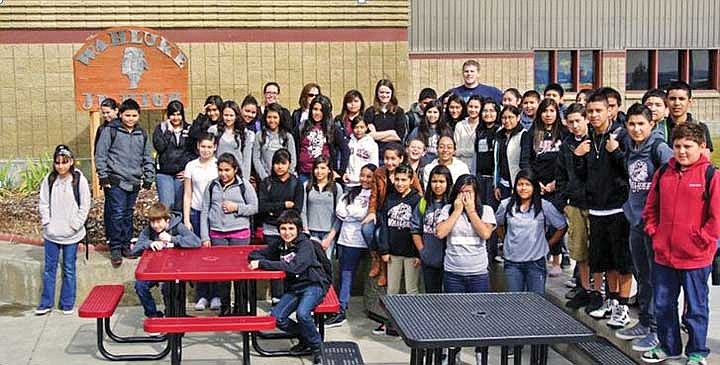 53 Wahluke Junior High students attended We Day in Seattle. They qualified by writing three essays. The teachers in the back are Mrs. Bre Kays, Mrs. Penny Matheson and Mr. Joel Dugan.