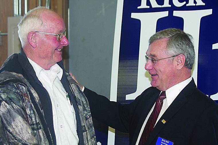 &lt;p&gt;Montana gubernatorial candidate Rick Hill (right) talking with Sanders County resident Al Cooper (left) at the Sanders County Political Action Committee Meet &amp; Greet on April 14.&lt;/p&gt;