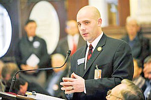 <p>Sen. Chas Vincent, R-Libby, introduces Senate Bill 262 to the Senate Judiciary Committee at the State Capitol in Helena, Mont. Senate Bill 262 would delineate certain water rights to the tribes on the Flathead Indian Reservation while the oversight of an irrigation project that many non-tribal farmers and ranchers rely on in northwestern Montana would remain in the hands of its current operator. (AP Photo/The Independent Record, Thom Bridge)</p>