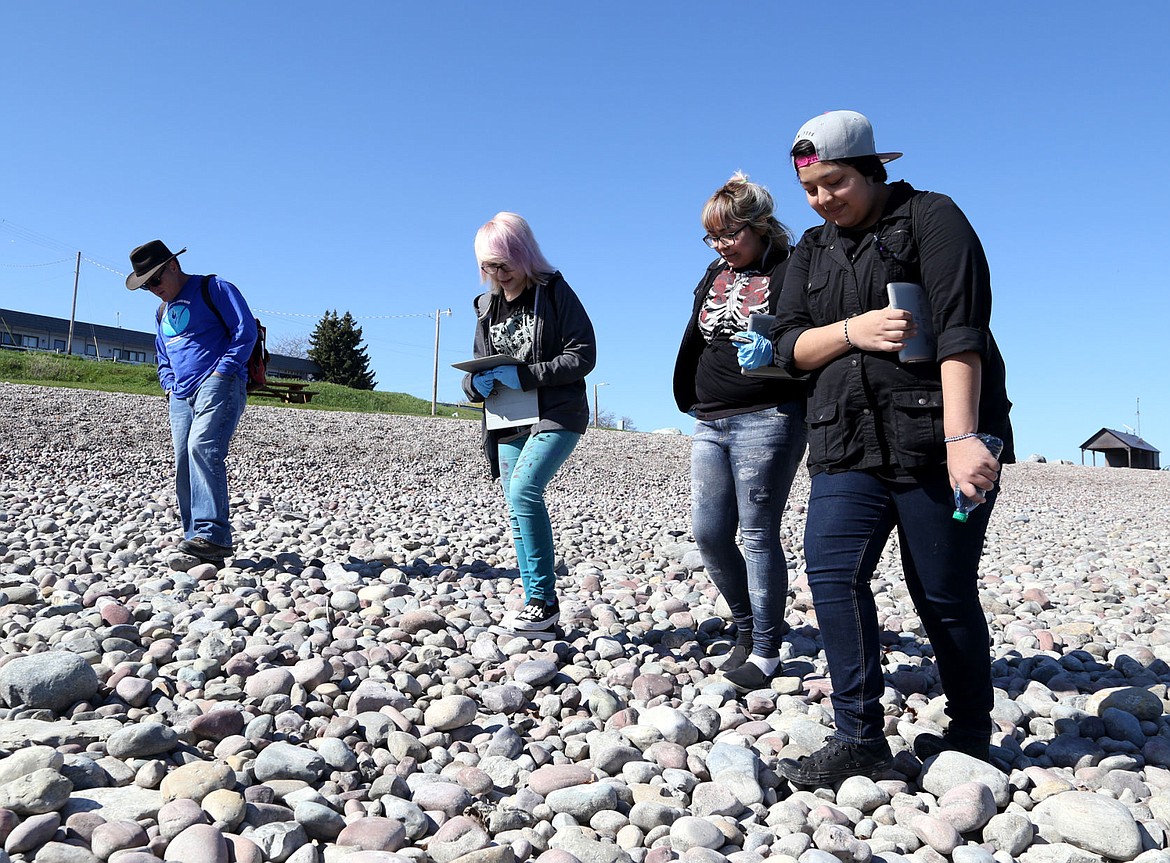 &lt;p&gt;Mark Johnston of the Flathead Lakers and students from TER; Sacred Mahkuk, Nina Hernandez, and Lee Atwan, kick over rocks looking for mussels along the shoreline at Salish Point Monday morning.&lt;/p&gt;