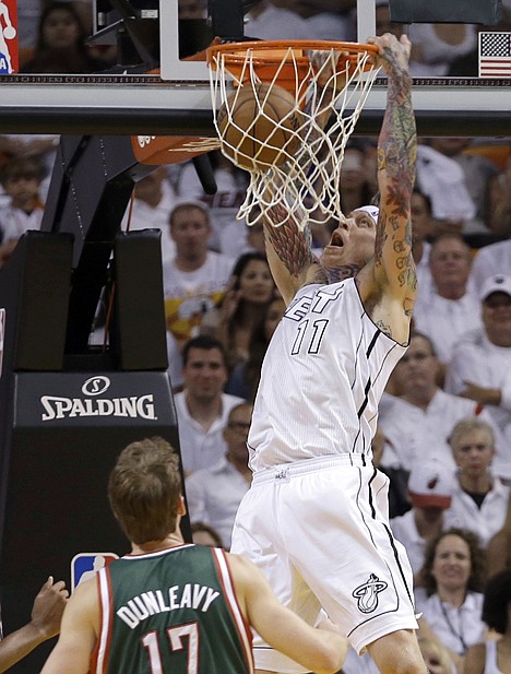 &lt;p&gt;Miami's Chris Andersen (11) dunks against the Milwaukee Bucks during the second half of Game 1 of their first-round NBA playoff series Sunday in Miami.&lt;/p&gt;