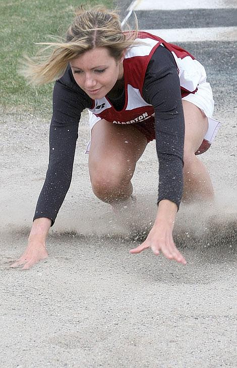 Photo by Nick Ianniello Alberton Lady Panther Becca Petersen gets her balance after her long jump in the Seeley-Swan Track Meet at Big Sky High School Saturday. Petersen&#146;s longest jump of the day was 12 feet, 4 1/2 inches.