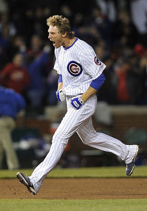 &lt;p&gt;Chicago Cubs' Joe Mather celebrates his two-run single that gave the Cubs a 3-2 win over the St. Louis Cardinals, during the ninth inning of a baseball game Monday, April 23, 2012, in Chicago. (AP Photo/Jim Prisching)&lt;/p&gt;